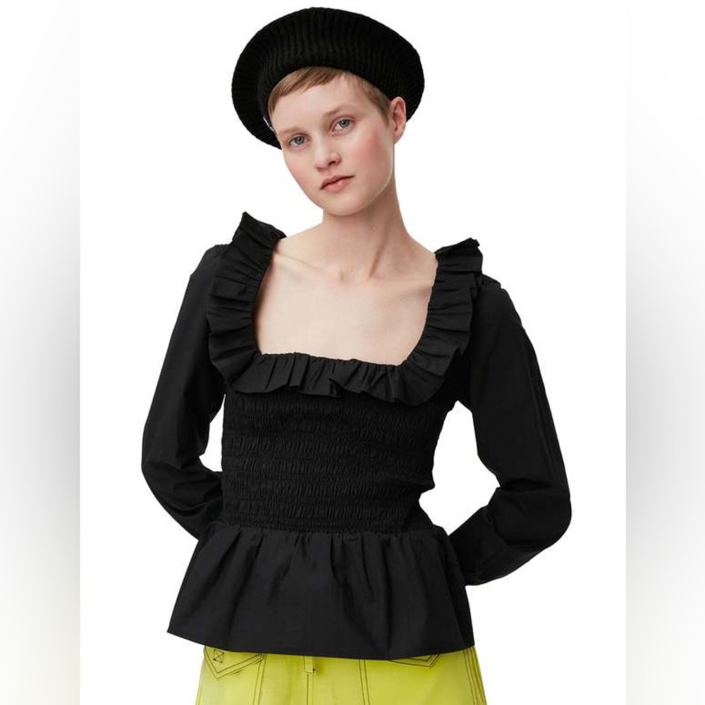 GANNI Cotton Smocked Blouse